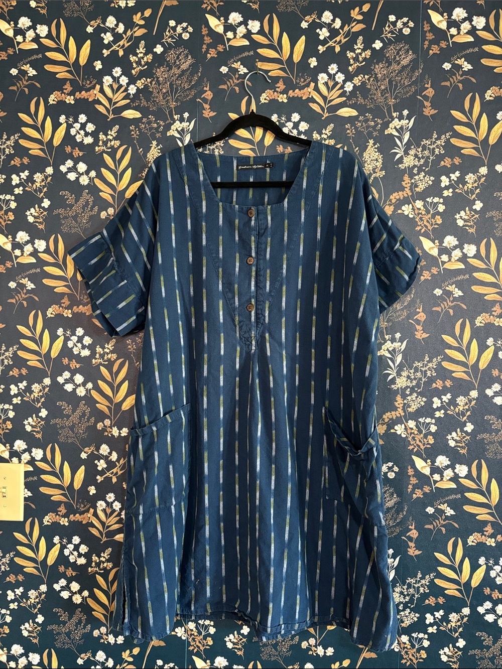 Gudrun Sjödén Ikat Woven Dress 
 Blue Striped Short-Sleeve Size XL